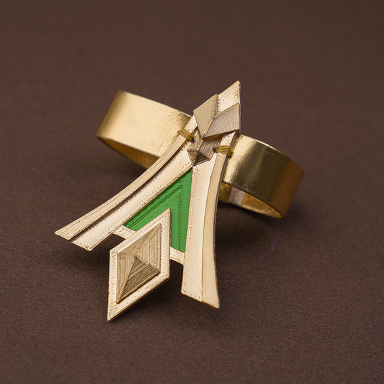 Genshin Impact Nefer Cosplay Costume PU leather bracelet, mainly golden and green colors.