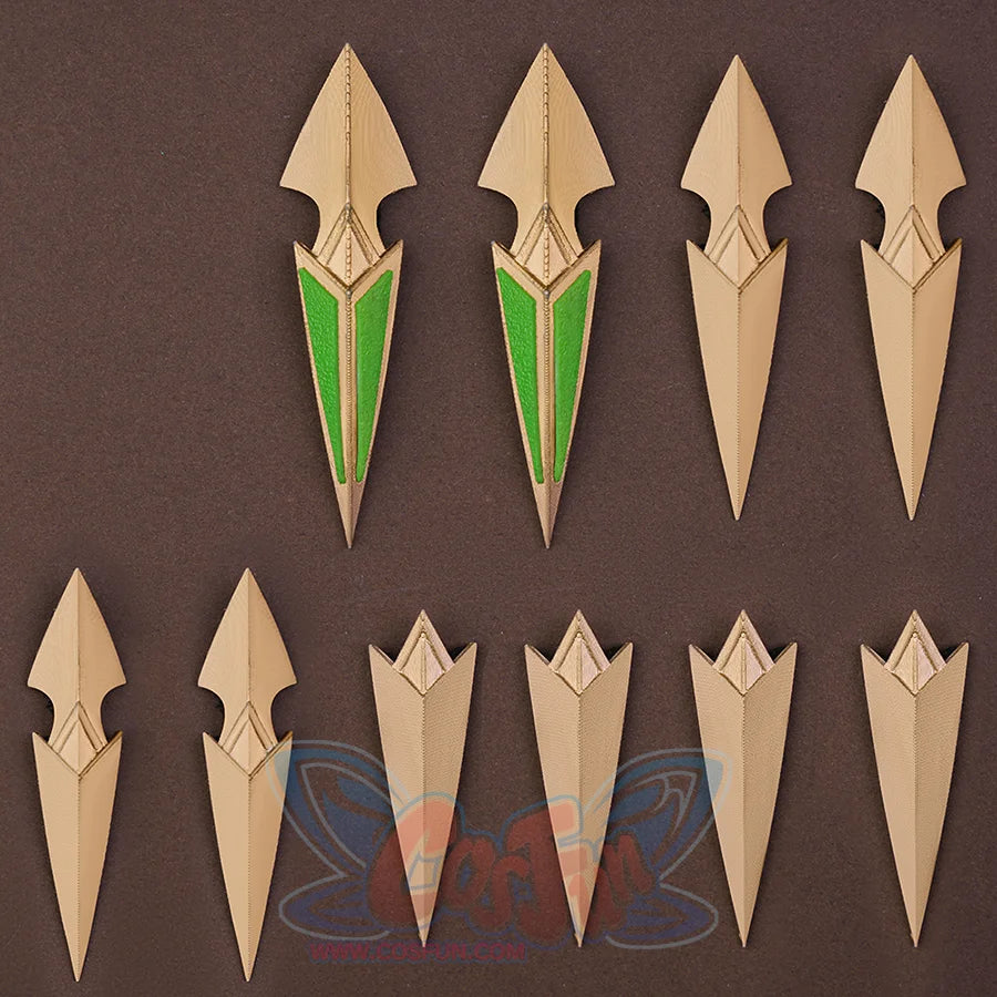 Genshin Impact Nefer Cosplay Costume prop nail art, mainly golden and green colors.
