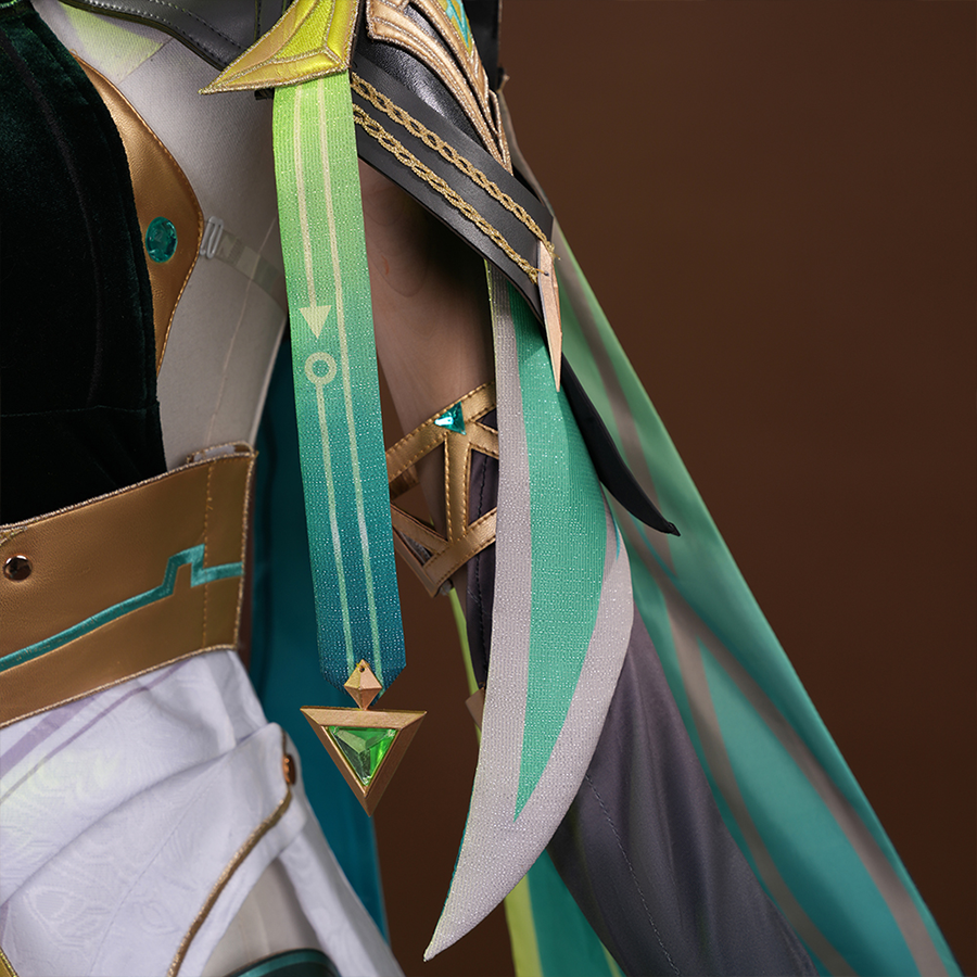Nefer Cosplay Costume, the shoulders are decorated with green gradient ribbons.