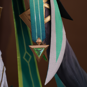 Nefer Cosplay Costume, the end of the green gradient ribbons have a emerald decoration.
