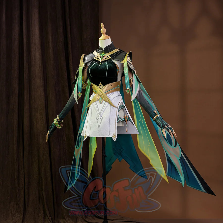 Genshin Impact Nefer Cosplay Costume, green and white outfit with rich pattern design, right side view.