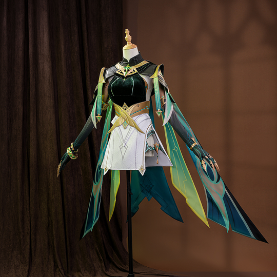 Genshin Impact Nefer Cosplay Costume, green and white outfit with rich pattern design, right side view.