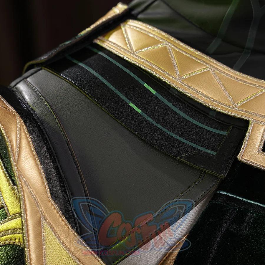 Genshin Impact Nefer Cosplay Costume, the black leather strap has green stitching.