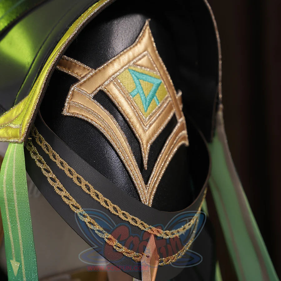 Genshin Impact Nefer Cosplay Costume, there are gold and blue 3D geometric decorations on both shoulders.