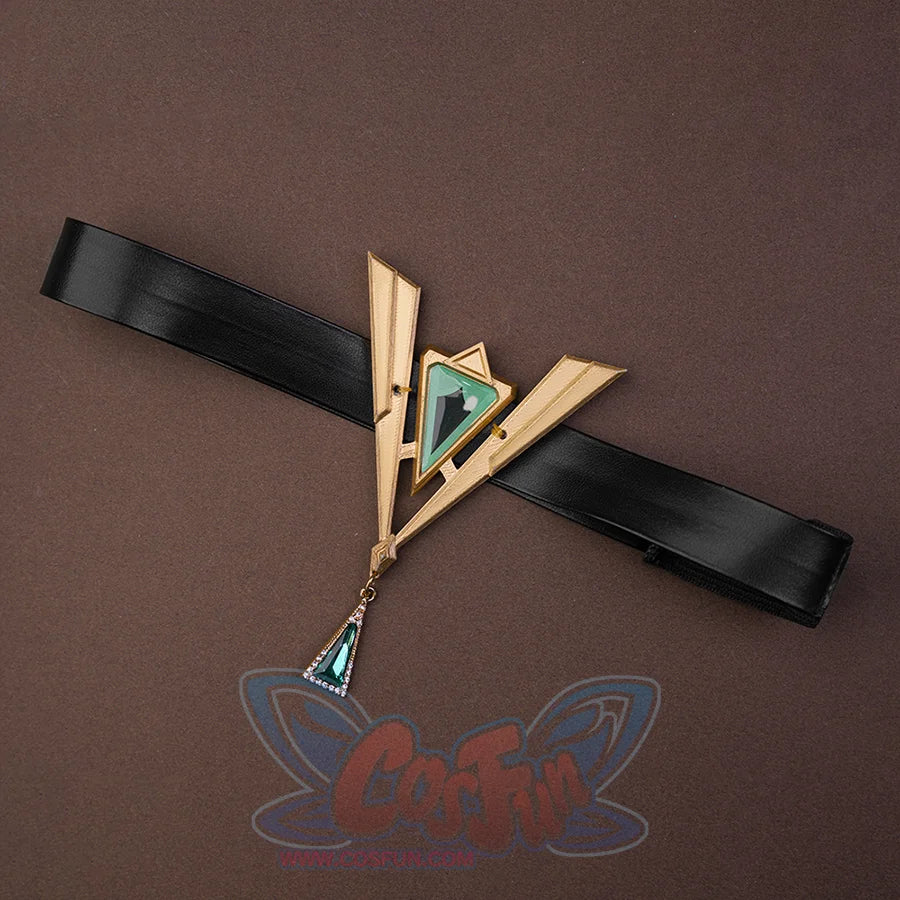 Genshin Impact Nefer Cosplay Thigh Ring, black PU leather with golden and green decoration.