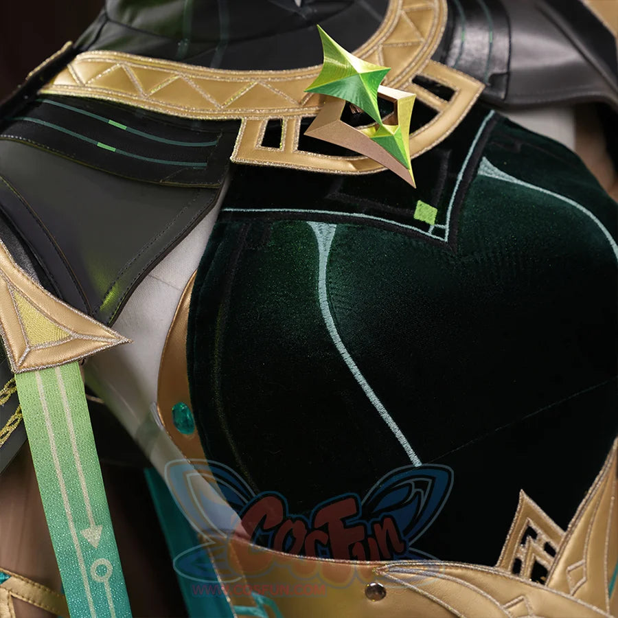 Genshin Impact Nefer Cosplay Costume, dark green dress with two light green lines.