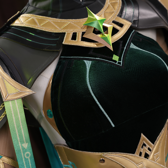 Genshin Impact Nefer Cosplay Costume, dark green dress with two light green lines.