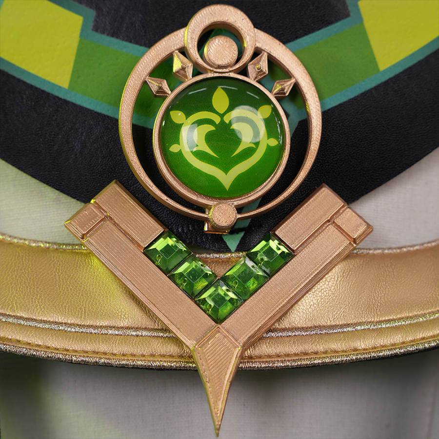 Genshin Impact Nefer Cosplay Costume back view of top, showing eye of god accessory.