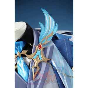 Neuvillette cosplay wing brooch detail with blue feather design, gold frame, and red gem centerpiece