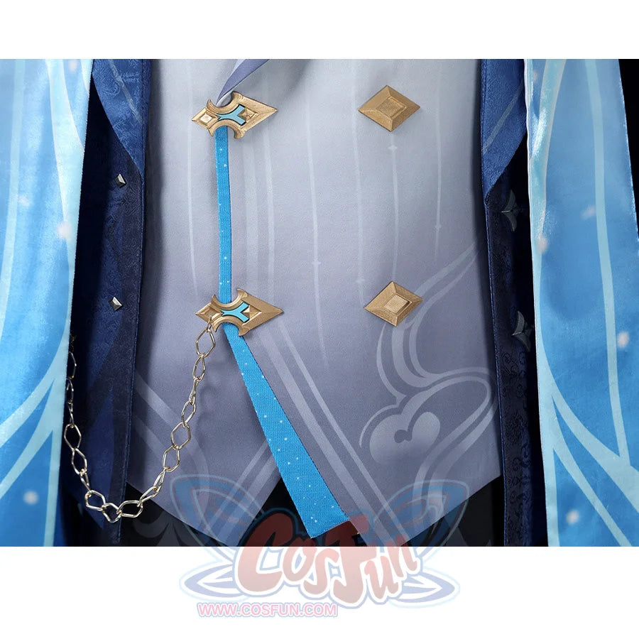 Neuvillette cosplay vest detail with gold diamond buttons, blue ribbon accent, and silver chain