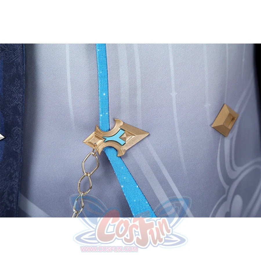 Neuvillette cosplay ribbon accessory with gold clasp, blue ribbon, and gold chain attachment detail