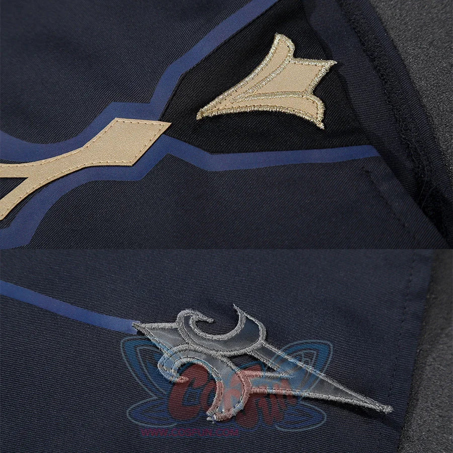 Neuvillette cosplay embroidery detail showing gold trim on hat and silver pattern on navy blue fabric