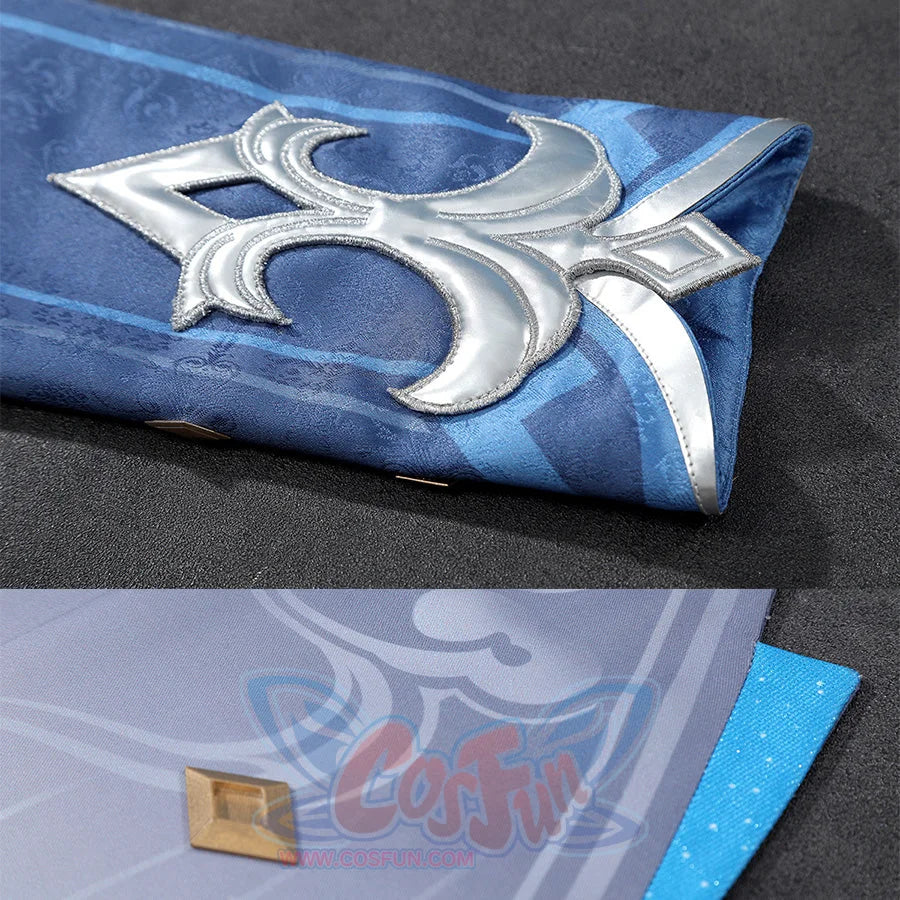 Neuvillette cosplay glove detail with silver embroidered pattern and gold rectangular clasp accent