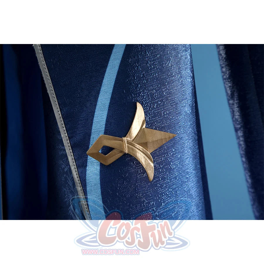Neuvillette cosplay coat detail with gold star-shaped decorative pin on navy blue sleeve fabric