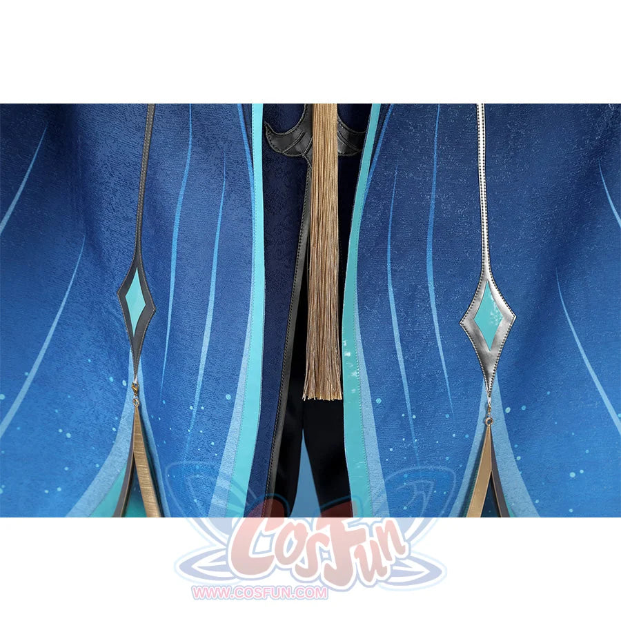 Neuvillette cosplay coat hem detail with gold tassels and diamond-shaped turquoise gem accents