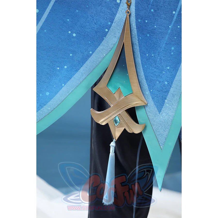 Neuvillette cosplay coat edge ornament with gold frame, turquoise gem, and decorative tassel detail