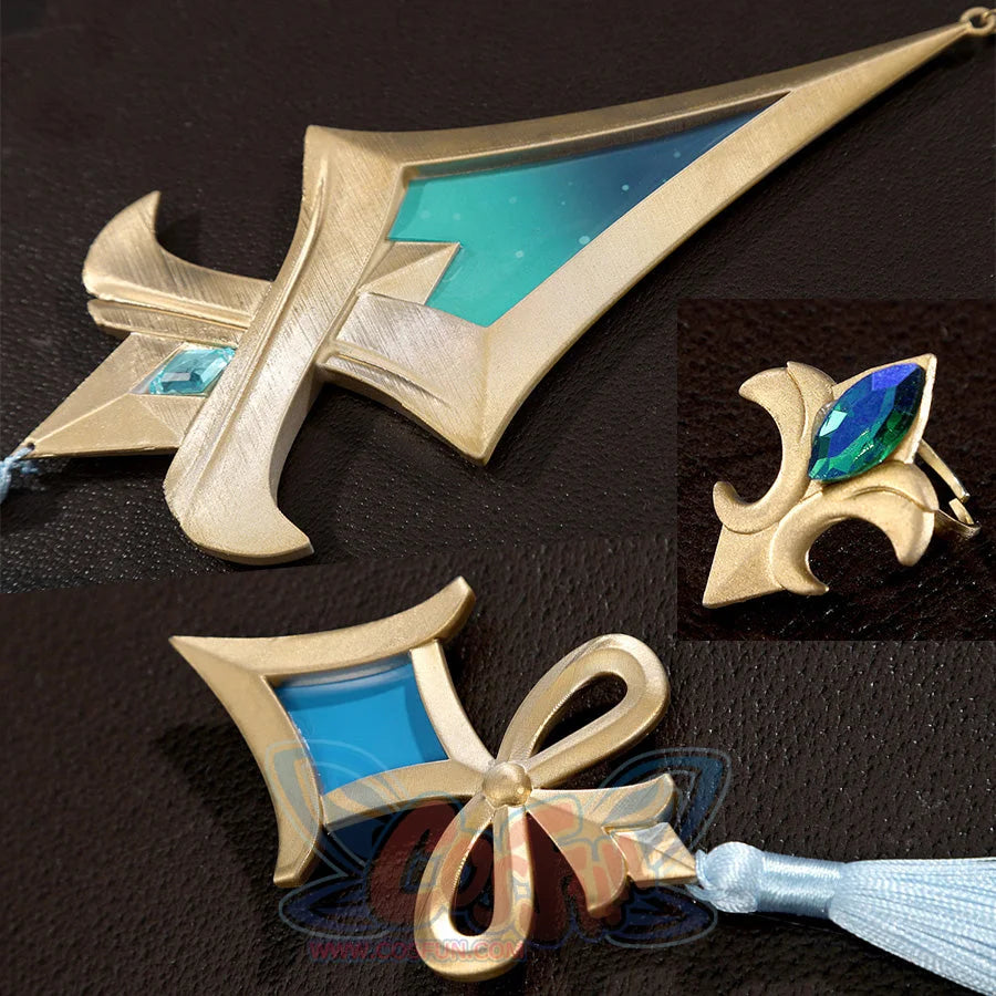 Neuvillette cosplay prop accessories set with gold ornaments, turquoise gems, and bow brooch details