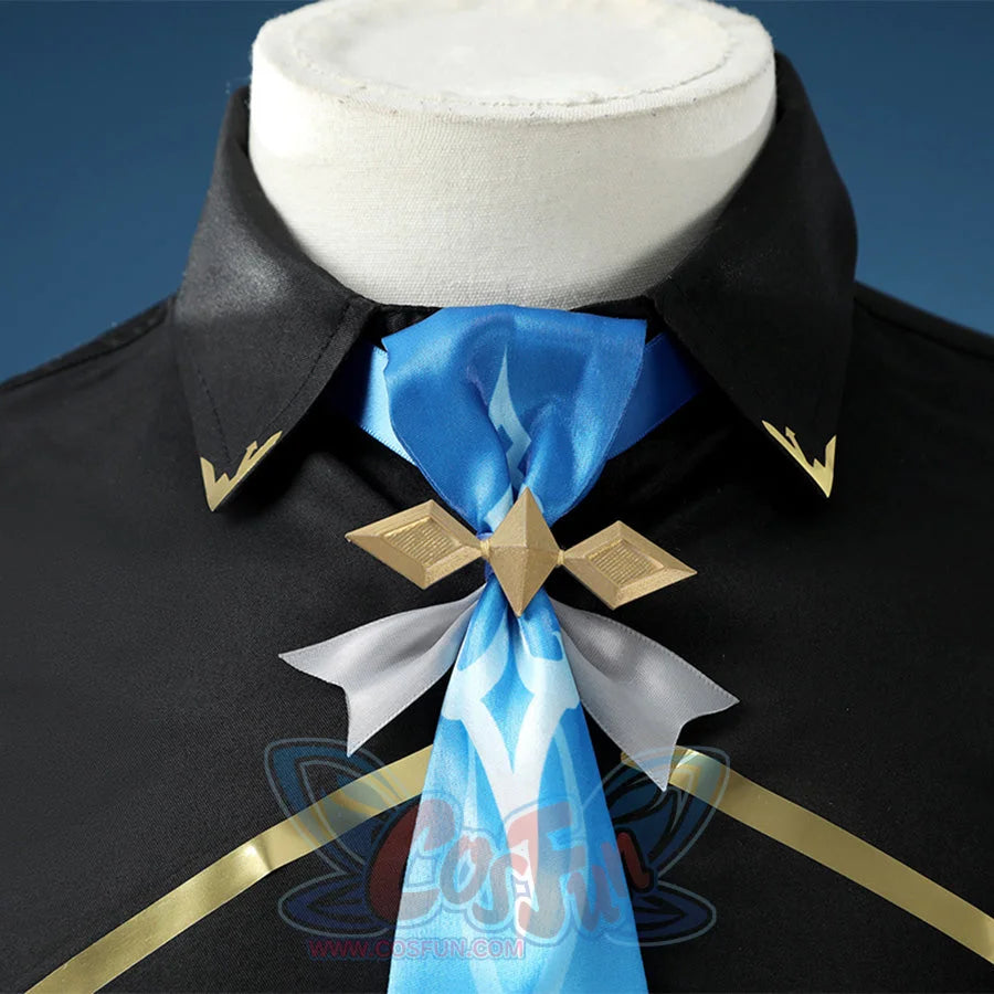 Neuvillette cosplay collar detail with white high neck, blue tie, gold star clasp, and gold ribbons