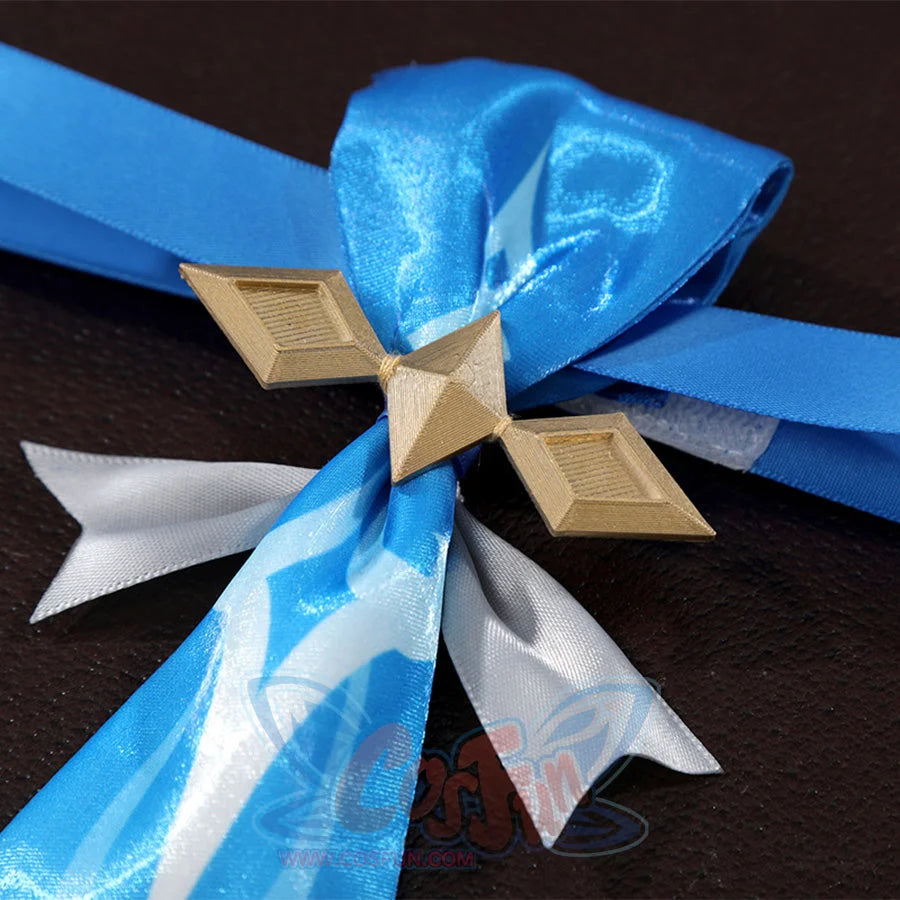Neuvillette cosplay bow tie accessory with blue and white satin ribbons and gold star clasp center