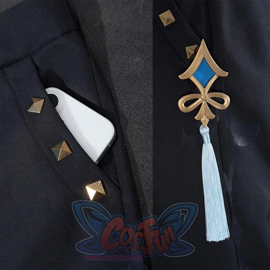 Neuvillette cosplay pants detail with gold pyramid studs, blue gem ornament, and white tassel accent