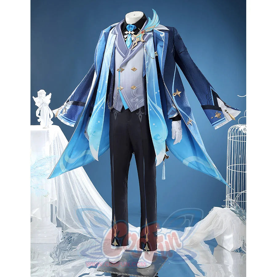 Neuvillette cosplay costume front view showing layered blue coat and white vest with decorative details