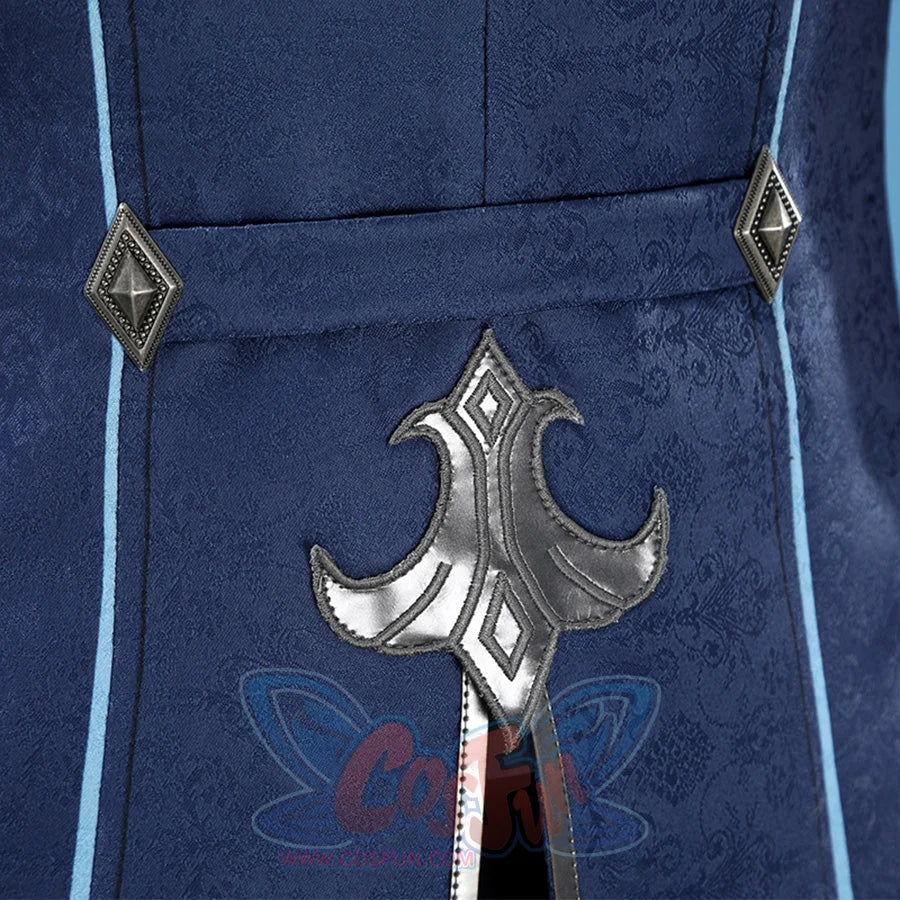 Neuvillette cosplay pants back detail with silver emblem design and decorative diamond accents