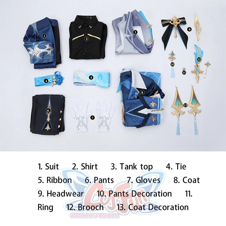 Neuvillette cosplay complete costume set layout showing all included pieces and accessories numbered