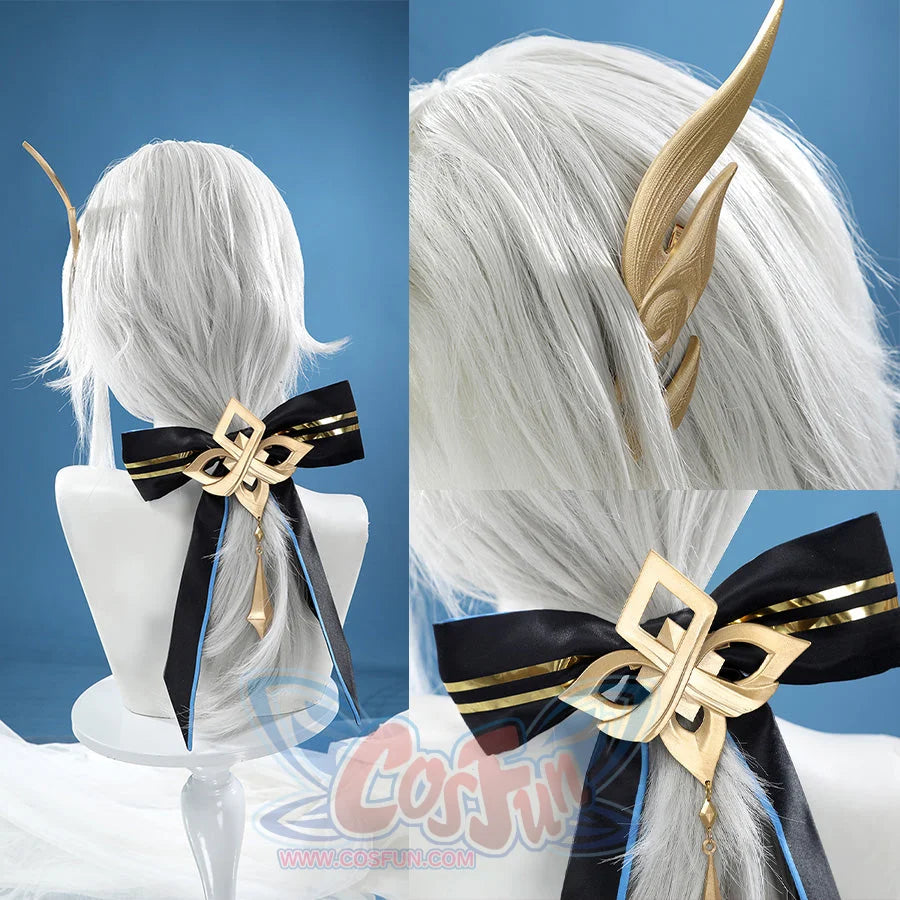 Neuvillette cosplay wig detail with silver-white hair, gold horn accessory, and ornate hair clip