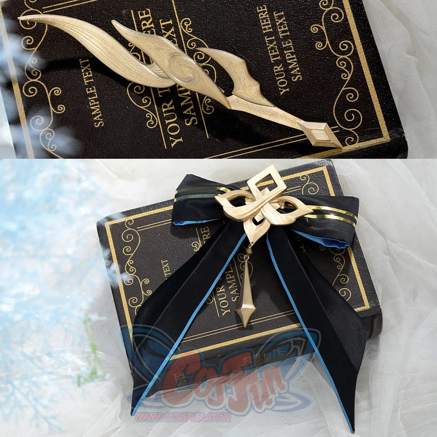 Neuvillette cosplay accessory gift box with gold decorative bow and blue ribbons included with costume