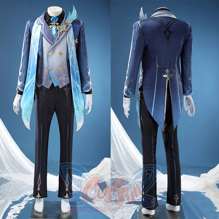 Neuvillette cosplay costume dual view showing front and back on mannequin with blue coat and dark pants
