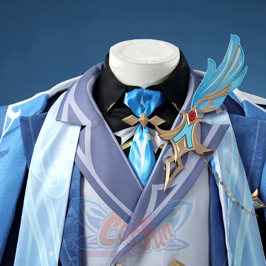 Neuvillette cosplay costume detail with blue tie, ornate wing brooch, and decorative accessories