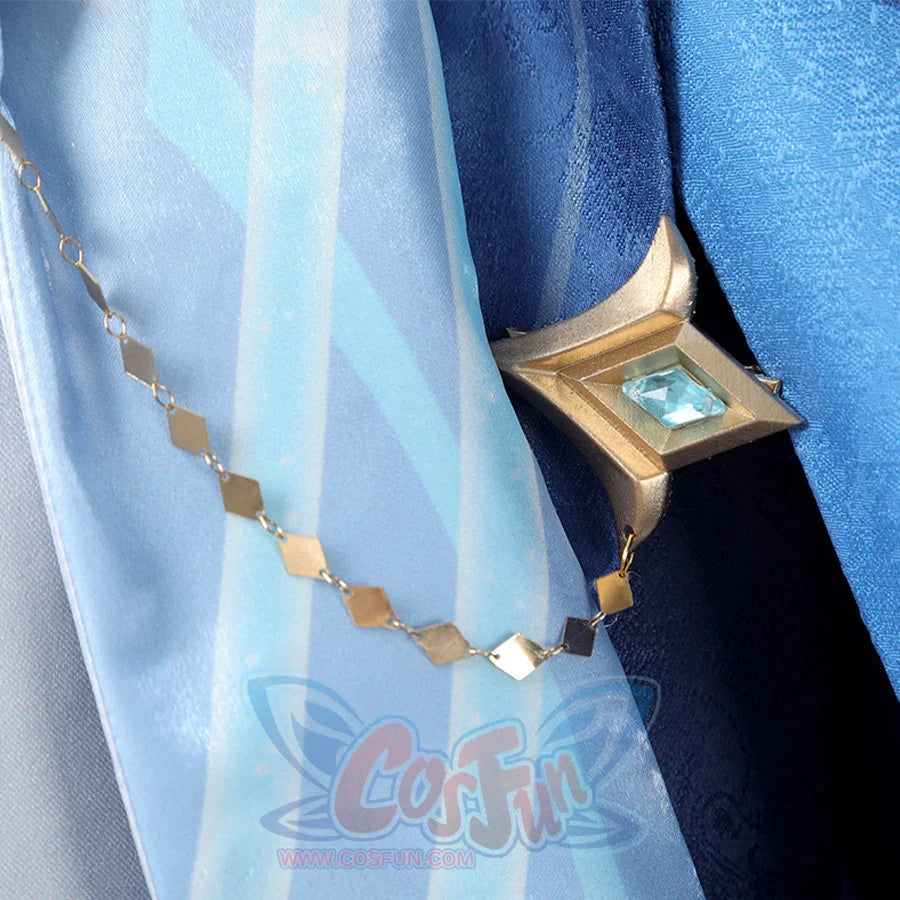 Neuvillette cosplay belt accessory with gold diamond chain and blue gem decorative clasp detail