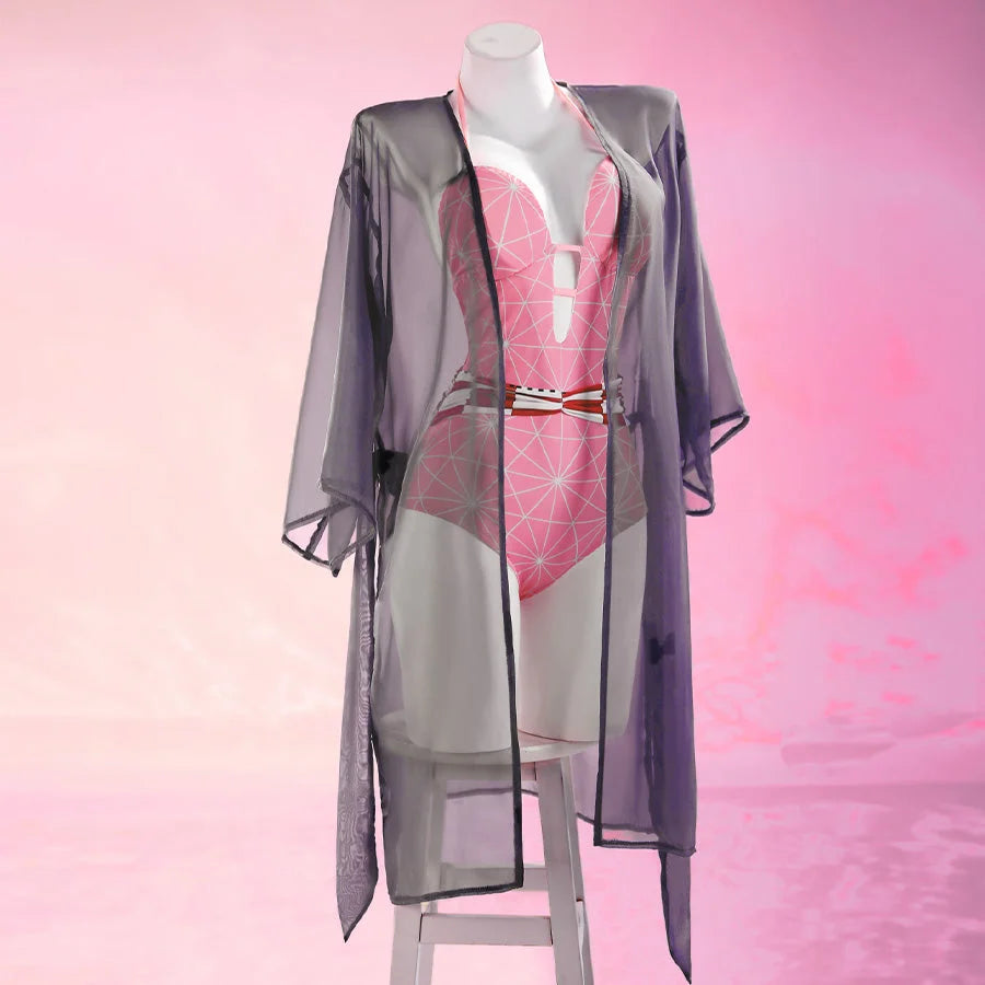 Nezuko cosplay swimsuit set featuring a pink bodysuit with geometric pattern and a sheer grey kimono cover-up
