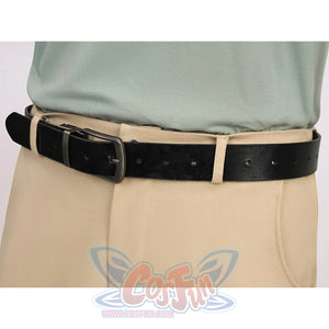 Nick cosplay costume black belt detail with metal buckle worn over beige cargo shorts and green t-shirt