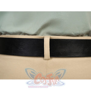 Nick cosplay costume belt and waistband detail showing black leather belt with beige loop on cargo shorts
