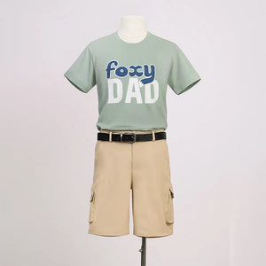 Nick cosplay costume baseball uniform featuring green Foxy Dad t-shirt, beige cargo shorts, black belt, and hat