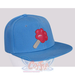 Nick cosplay costume blue baseball cap side view with red popsicle emblem and adjustable snapback closure