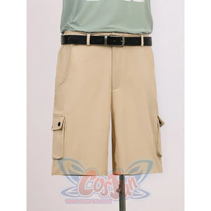 Nick cosplay costume beige cargo shorts front view with multiple pockets, black belt, and green t-shirt