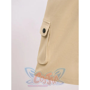 Nick cosplay costume cargo shorts pocket detail with button flap closure on beige fabric showing craftsmanship