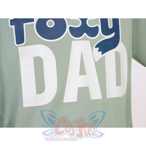 Nick cosplay costume Foxy Dad text detail on green t-shirt with blue outline and white lettering design