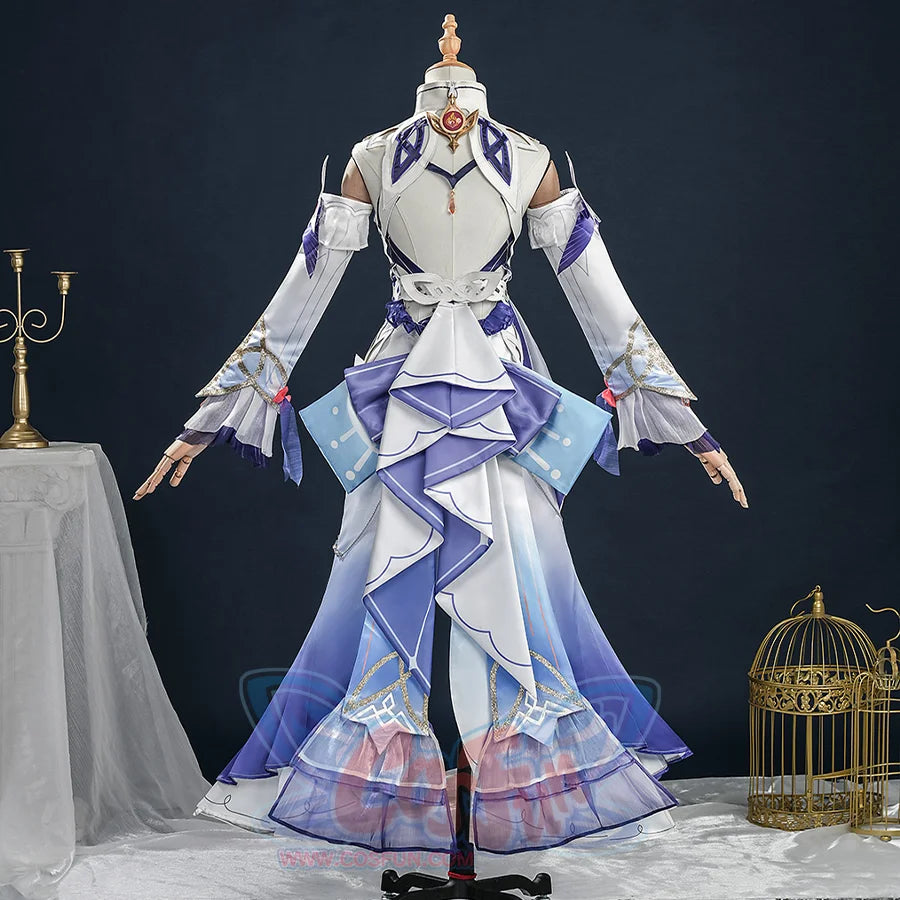 Nicole cosplay armored outfit on mannequin, white top with purple wide flared skirt and gem necklace, front view.