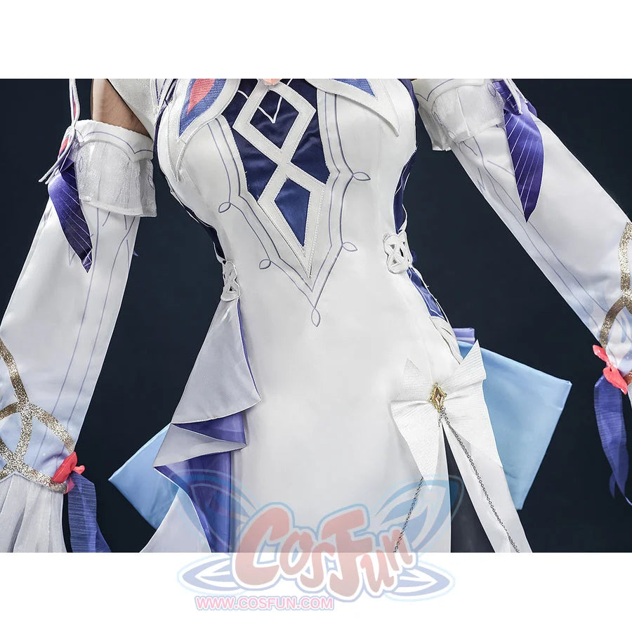 Nicole cosplay costume torso close-up, white bodice with geometric diamond stitching pattern and purple accents on sleeves.