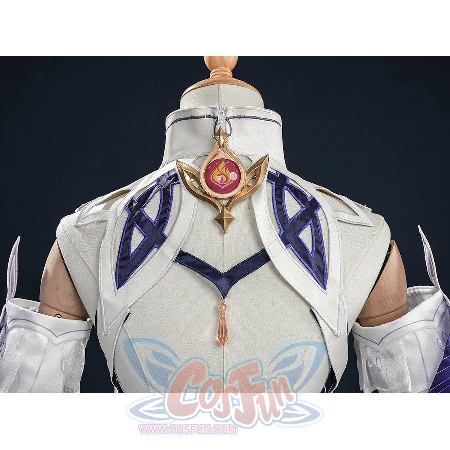 Nicole cosplay costume collar detail on mannequin, gold star pendant with flame emblem, white armor with blue embroidery.