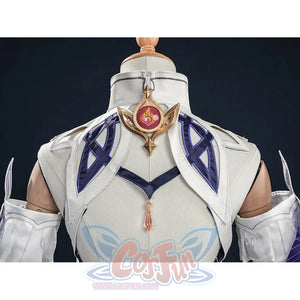 Nicole cosplay costume collar detail on mannequin, gold star pendant with flame emblem, white armor with blue embroidery.