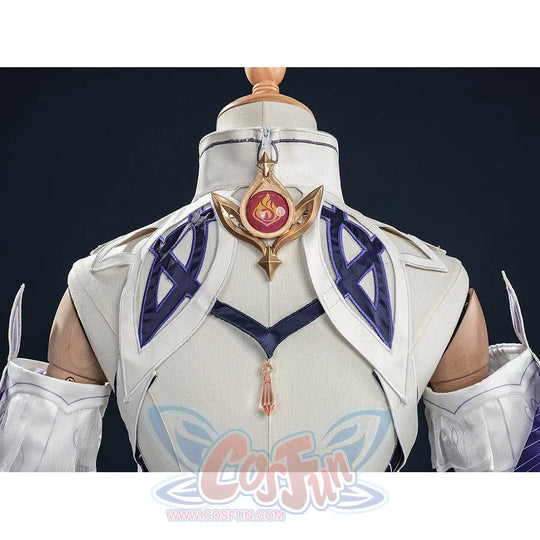 Nicole cosplay costume collar detail on mannequin, gold star pendant with flame emblem, white armor with blue embroidery.