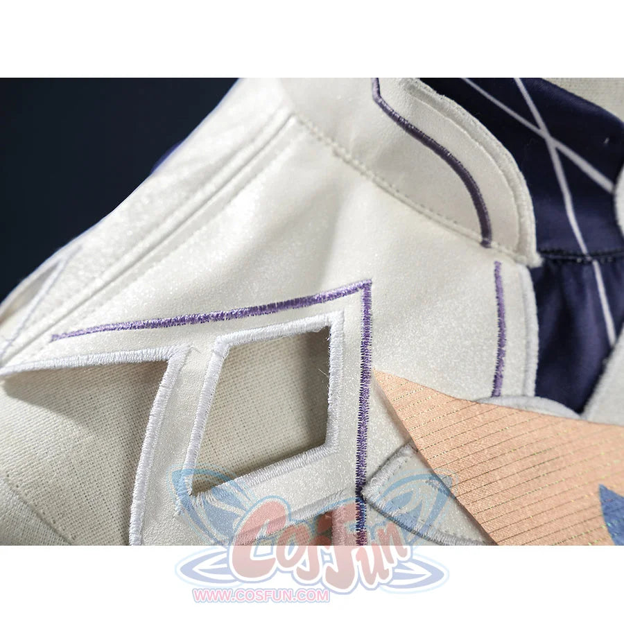 Nicole cosplay costume extreme close-up of white fabric with purple embroidered diamond border stitching on shoulder piece.