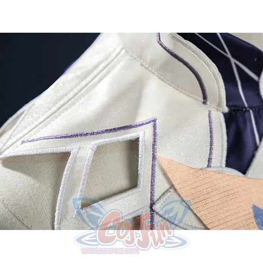 Nicole cosplay costume extreme close-up of white fabric with purple embroidered diamond border stitching on shoulder piece.