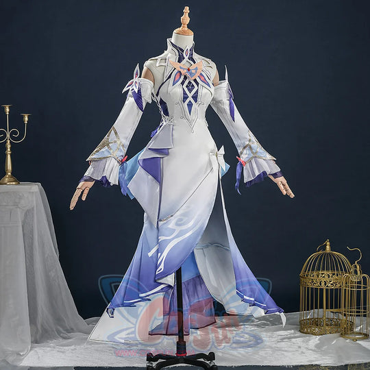 Nicole cosplay white and purple dress on mannequin, showing full outfit with flowing skirt and detailed sleeves.