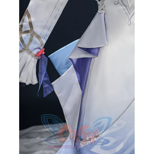 Nicole cosplay costume waist close-up showing layered blue and white fabric panels with a decorative red element and silver chain.