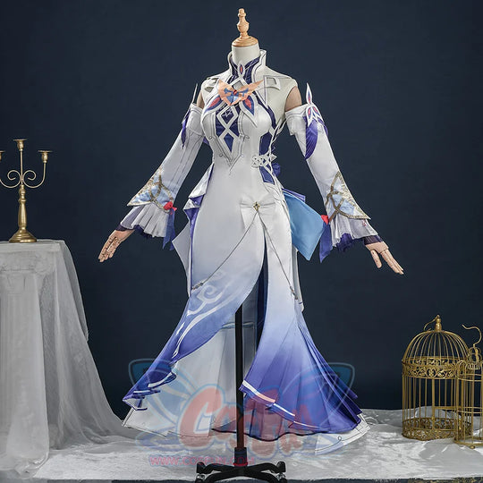 Nicole cosplay costume on mannequin at three-quarter angle, white fitted dress with purple flowing skirt panels.